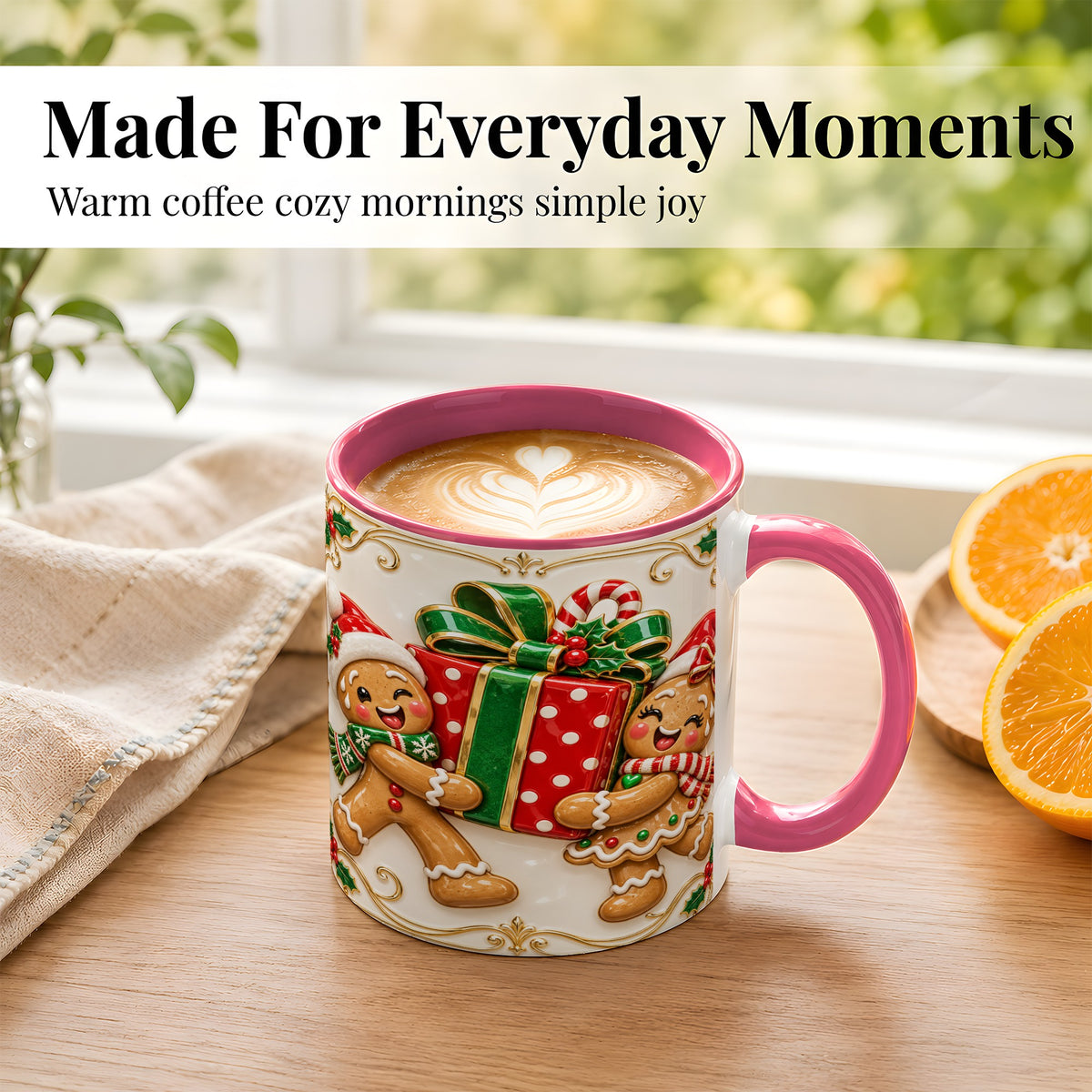 #pl[11oz|Pink] Gingerbread Present Coffee Mug, Festive Cookie Mug, Ceramic Cup