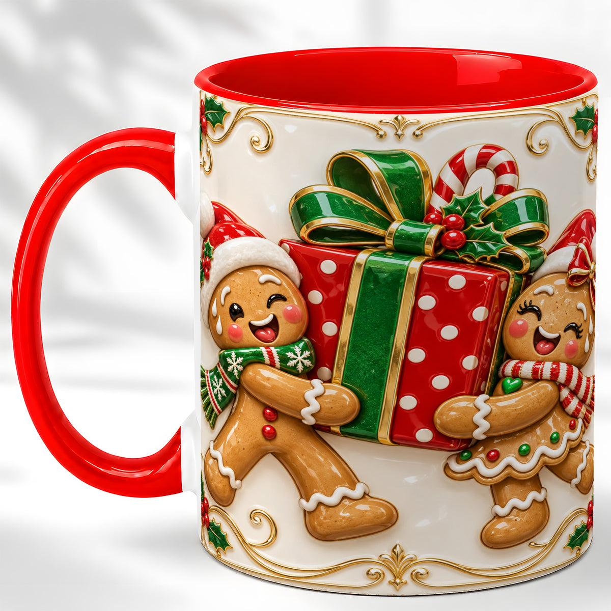Gingerbread Present Coffee Mug, Festive Cookie Mug, Ceramic Cup