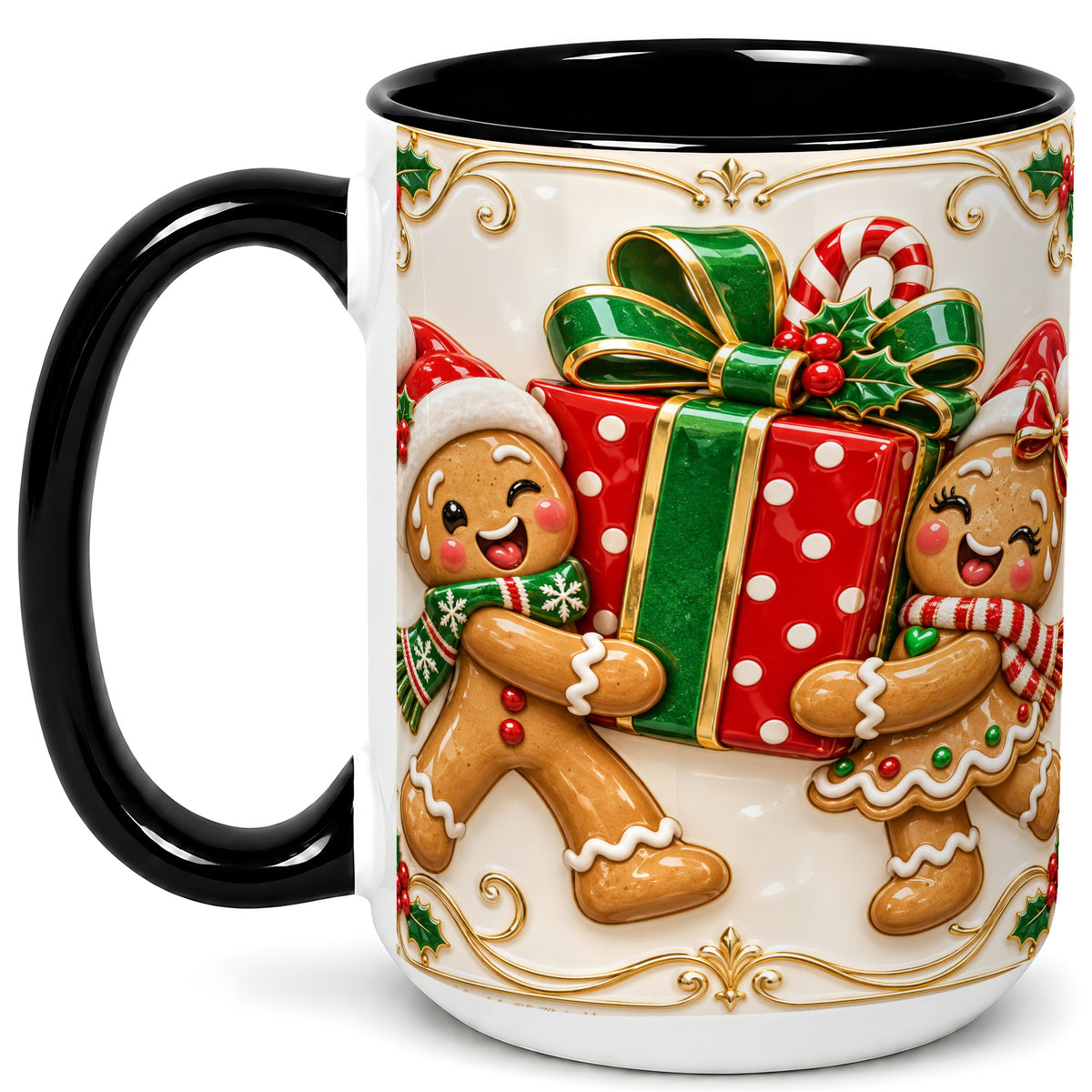 #pl[15oz|Black] Gingerbread Present Coffee Mug, Festive Cookie Mug, Ceramic Cup