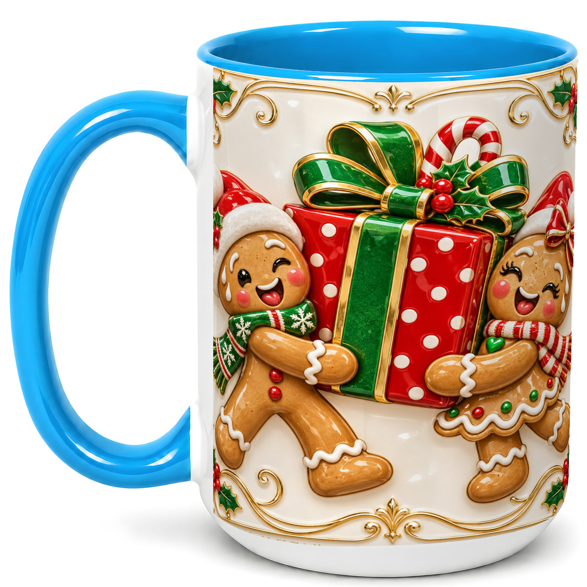 #pl[15oz|Blue] Gingerbread Present Coffee Mug, Festive Cookie Mug, Ceramic Cup