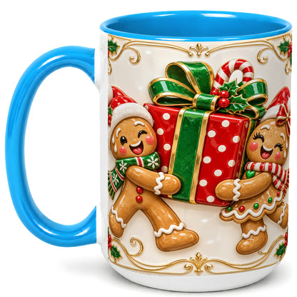 #pl[15oz|Blue] Gingerbread Present Coffee Mug, Festive Cookie Mug, Ceramic Cup