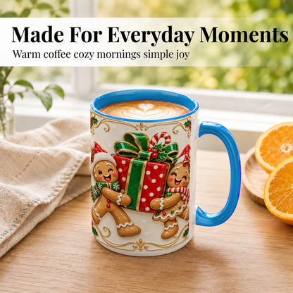 #pl[15oz|Blue] Gingerbread Present Coffee Mug, Festive Cookie Mug, Ceramic Cup