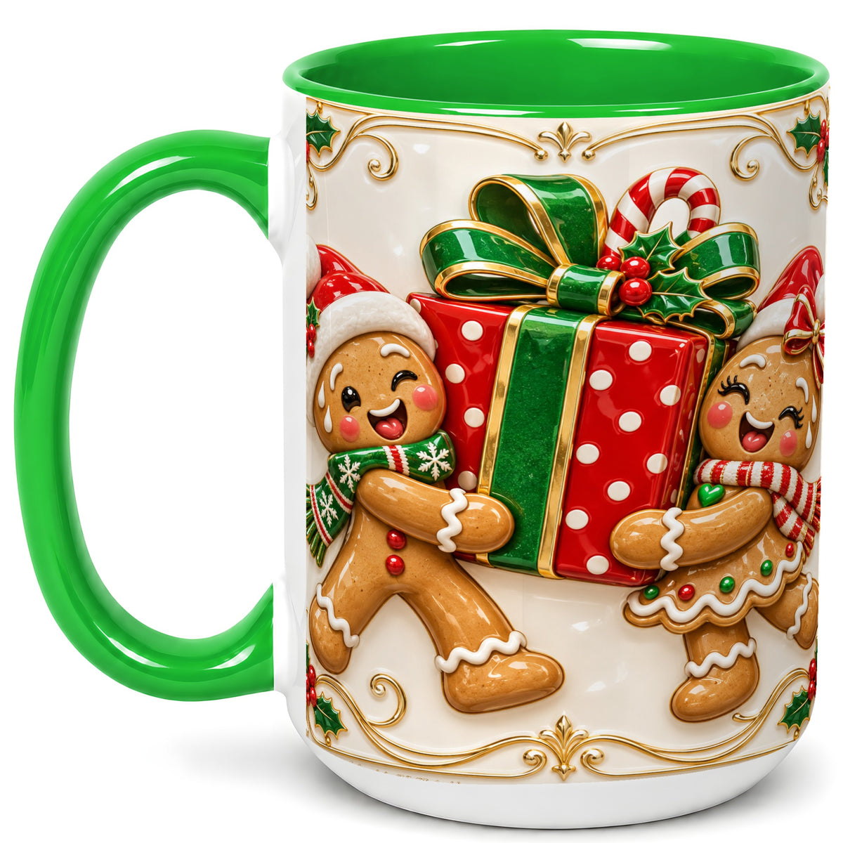 #pl[15oz|Green] Gingerbread Present Coffee Mug, Festive Cookie Mug, Ceramic Cup