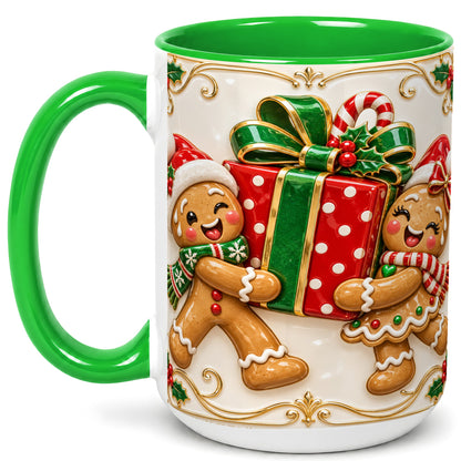 #pl[15oz|Green] Gingerbread Present Coffee Mug, Festive Cookie Mug, Ceramic Cup