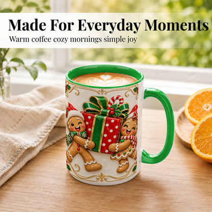 #pl[15oz|Green] Gingerbread Present Coffee Mug, Festive Cookie Mug, Ceramic Cup