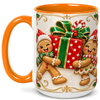 #pl[15oz|Orange] Gingerbread Present Coffee Mug, Festive Cookie Mug, Ceramic Cup