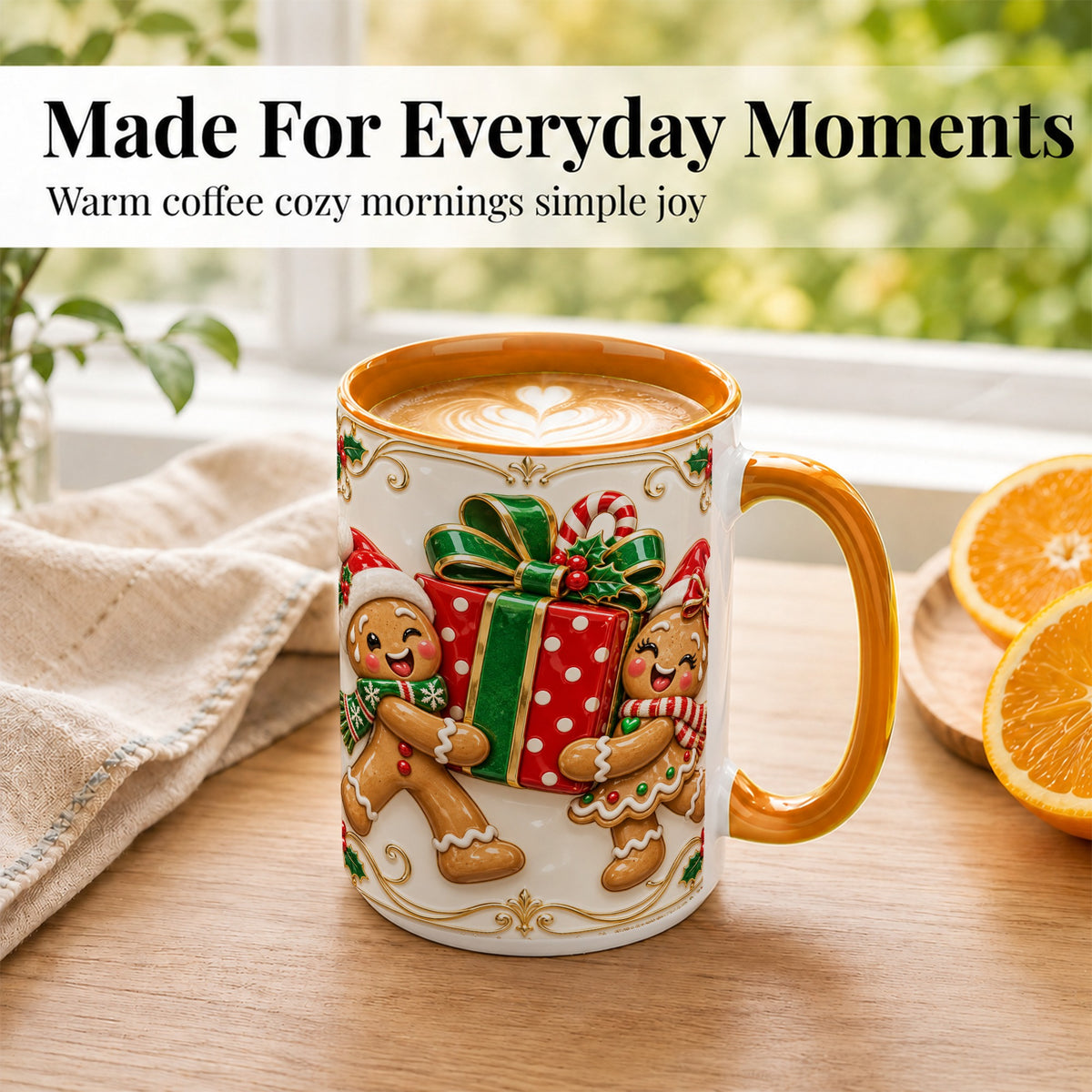 #pl[15oz|Orange] Gingerbread Present Coffee Mug, Festive Cookie Mug, Ceramic Cup