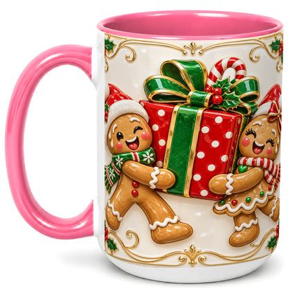 #pl[15oz|Pink] Gingerbread Present Coffee Mug, Festive Cookie Mug, Ceramic Cup