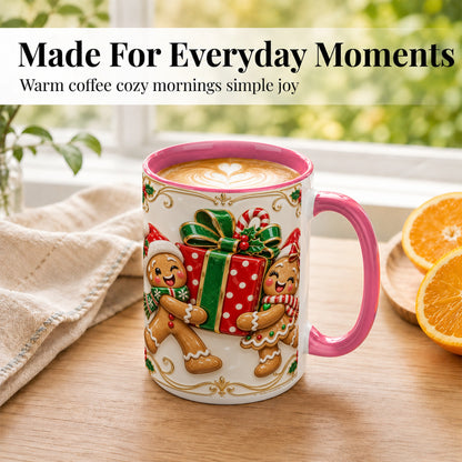 #pl[15oz|Pink] Gingerbread Present Coffee Mug, Festive Cookie Mug, Ceramic Cup