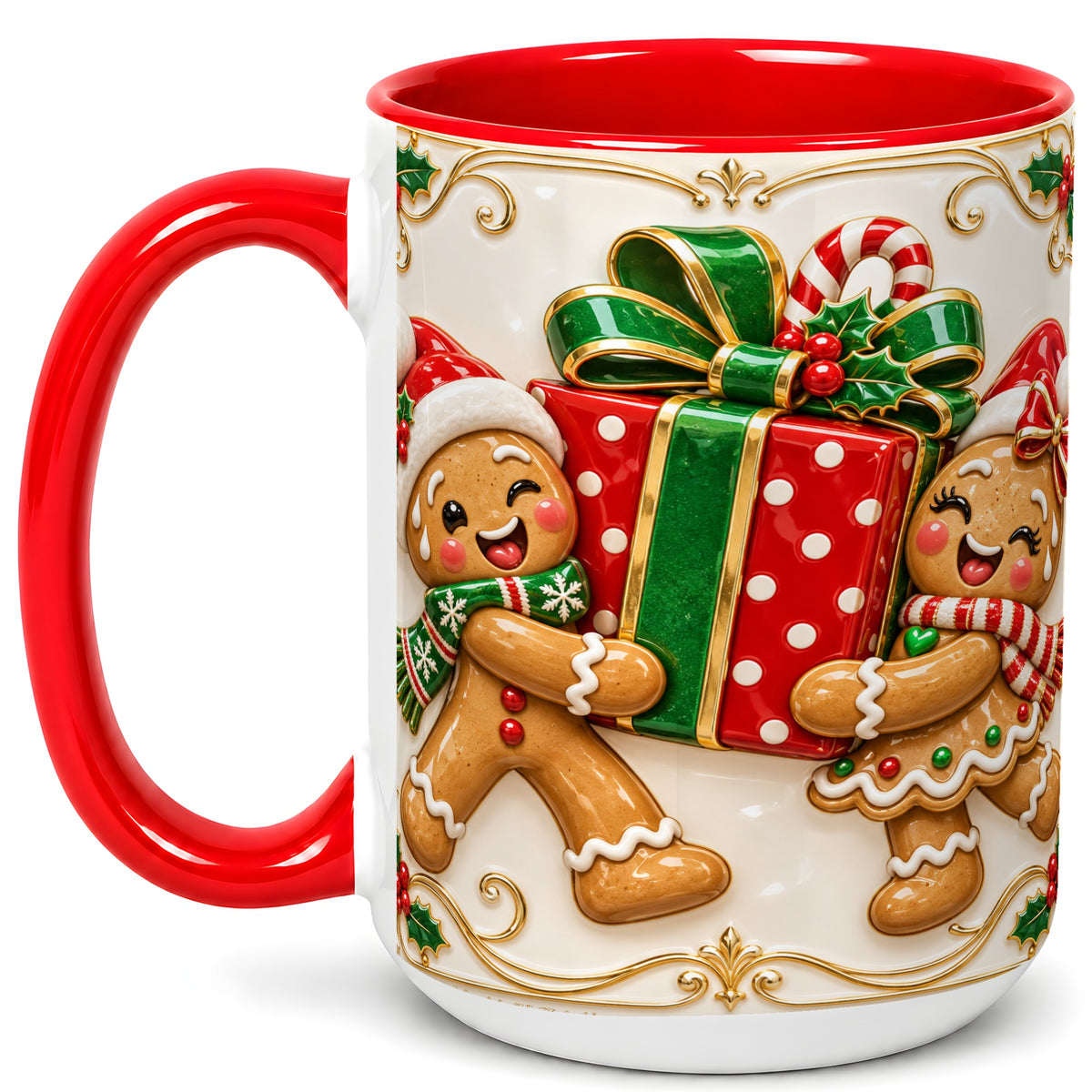 #pl[15oz|Red] Gingerbread Present Coffee Mug, Festive Cookie Mug, Ceramic Cup