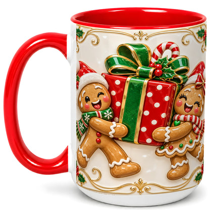 #pl[15oz|Red] Gingerbread Present Coffee Mug, Festive Cookie Mug, Ceramic Cup