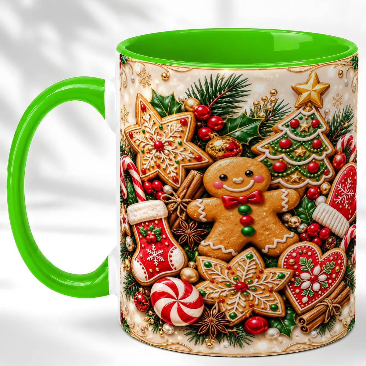 #pl[11oz|Green] Gingerbread Cookie Coffee Mug, Christmas Gingerbread Mug, Ceramic Cup