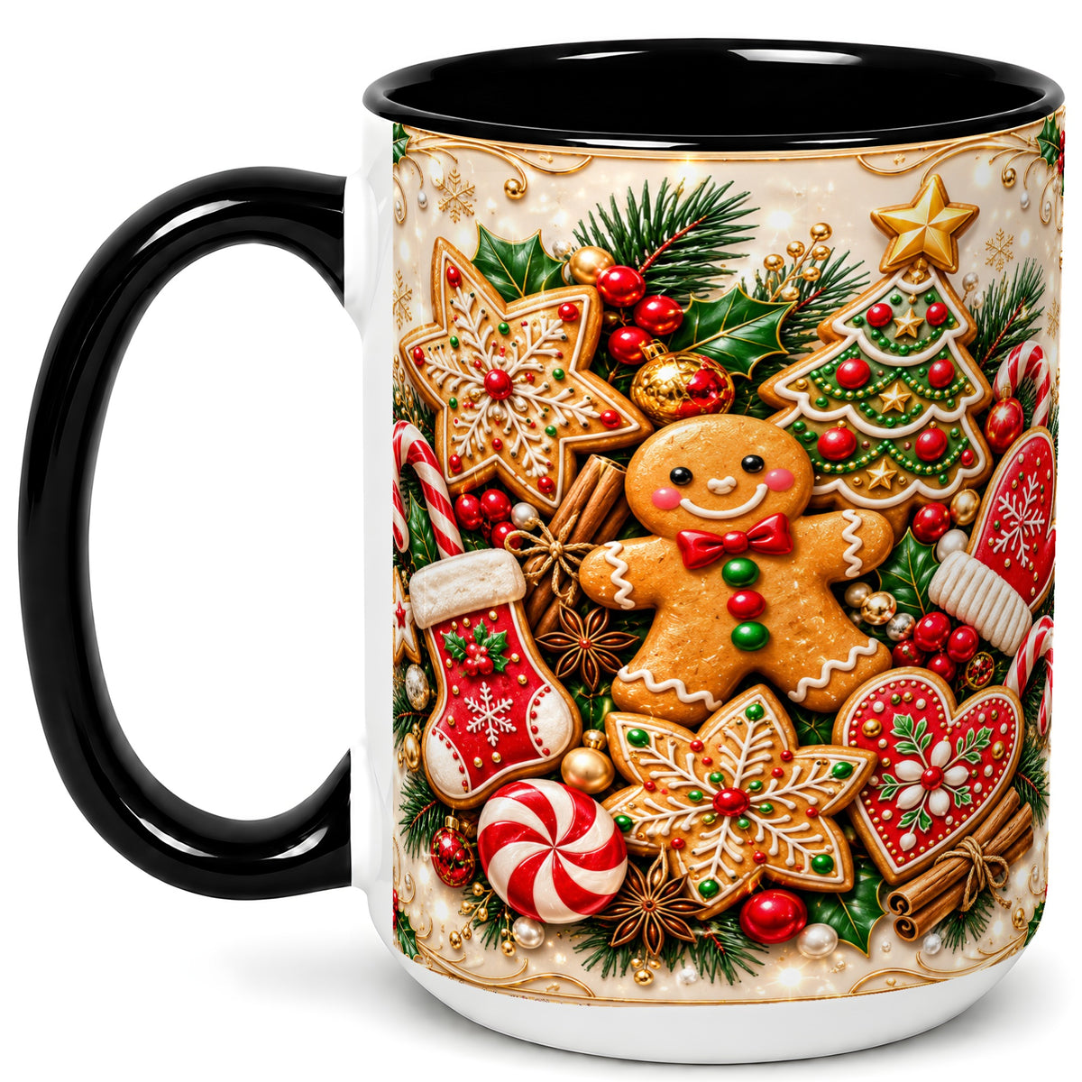 #pl[15oz|Black] Gingerbread Cookie Coffee Mug, Christmas Gingerbread Mug, Ceramic Cup