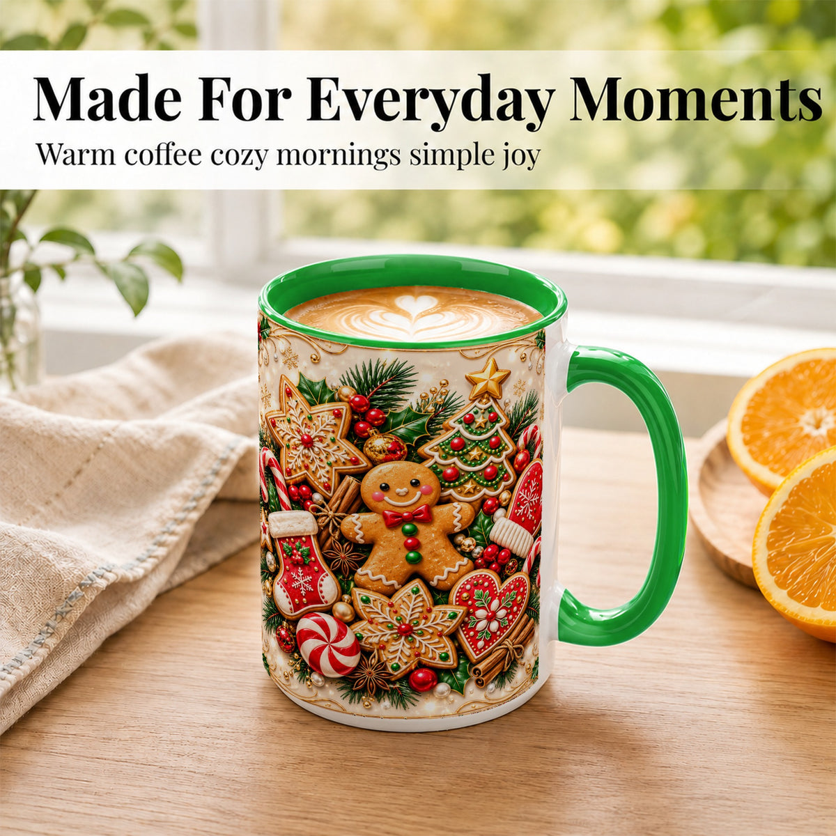 #pl[15oz|Green] Gingerbread Cookie Coffee Mug, Christmas Gingerbread Mug, Ceramic Cup