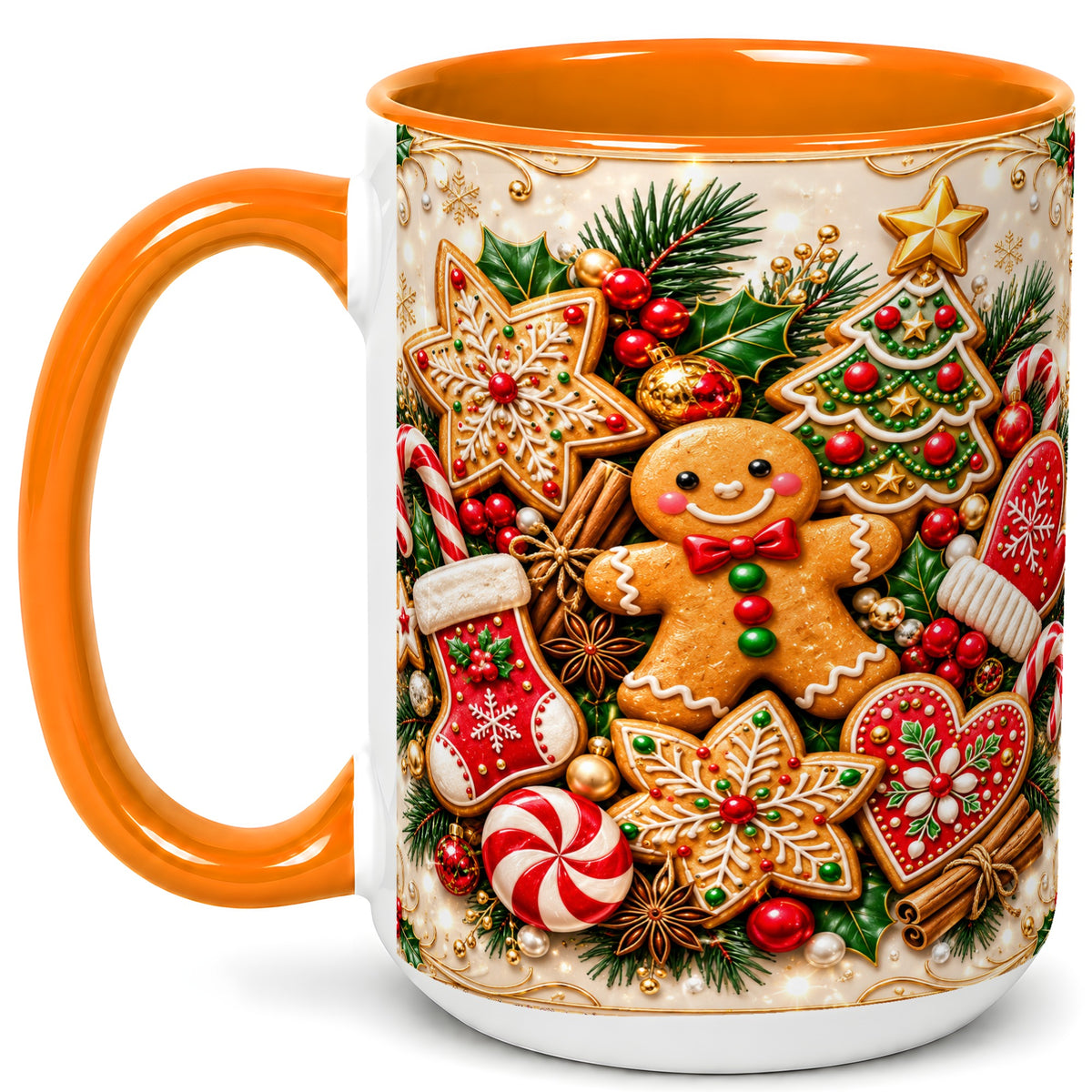 #pl[15oz|Orange] Gingerbread Cookie Coffee Mug, Christmas Gingerbread Mug, Ceramic Cup