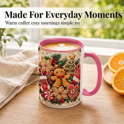 #pl[15oz|Pink] Gingerbread Cookie Coffee Mug, Christmas Gingerbread Mug, Ceramic Cup