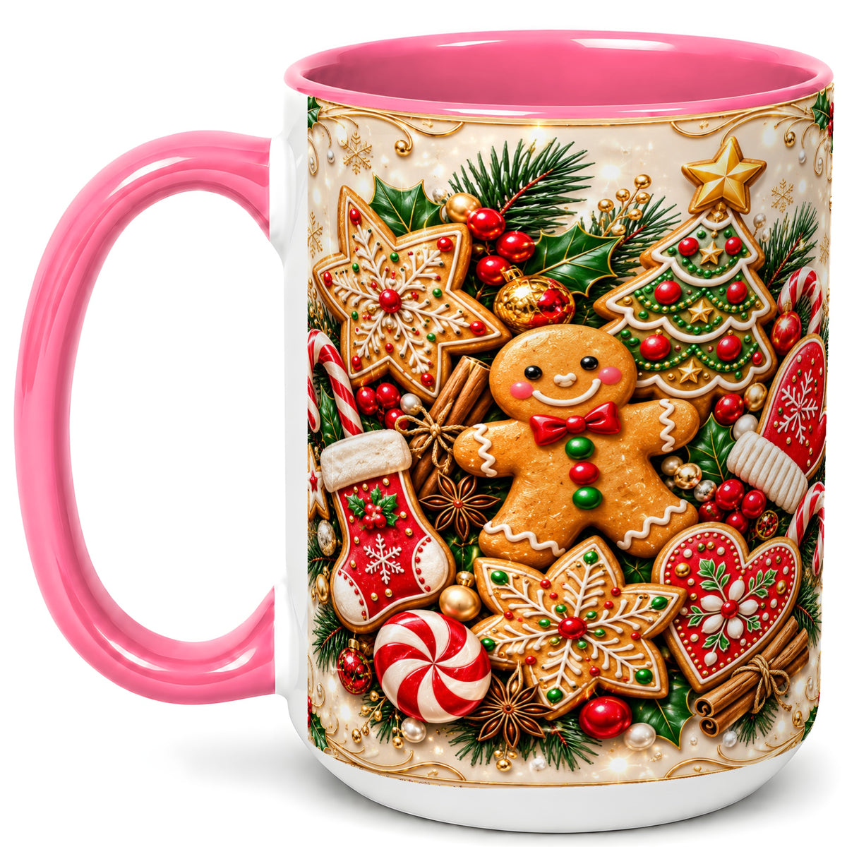 #pl[15oz|Pink] Gingerbread Cookie Coffee Mug, Christmas Gingerbread Mug, Ceramic Cup