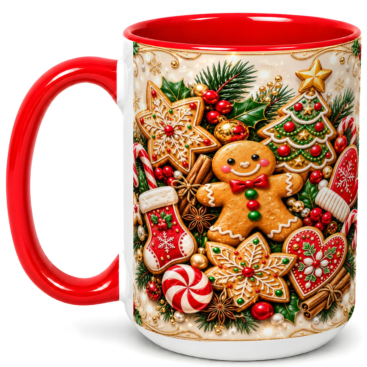 #pl[15oz|Red] Gingerbread Cookie Coffee Mug, Christmas Gingerbread Mug, Ceramic Cup