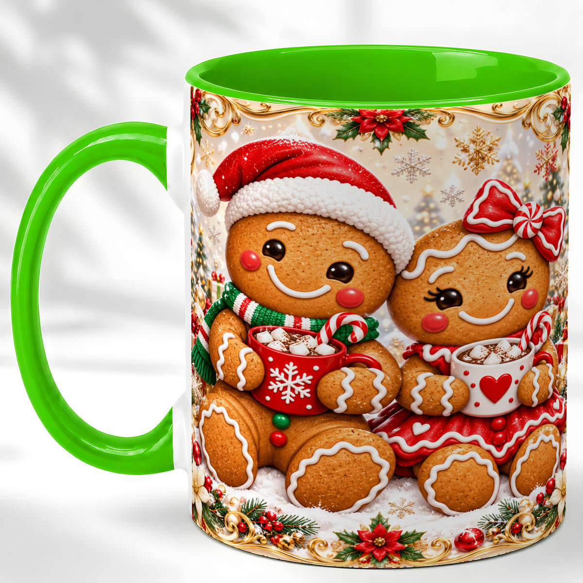 #pl[11oz|Green] Gingerbread Couple Coffee Mug, Christmas Cookie Mug, Ceramic Cup