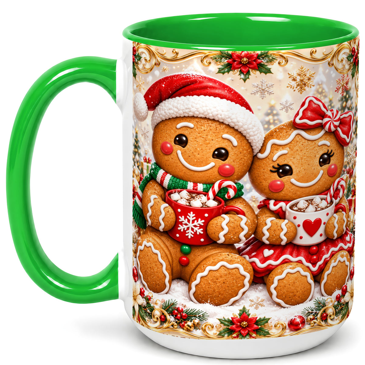 #pl[15oz|Green] Gingerbread Couple Coffee Mug, Christmas Cookie Mug, Ceramic Cup