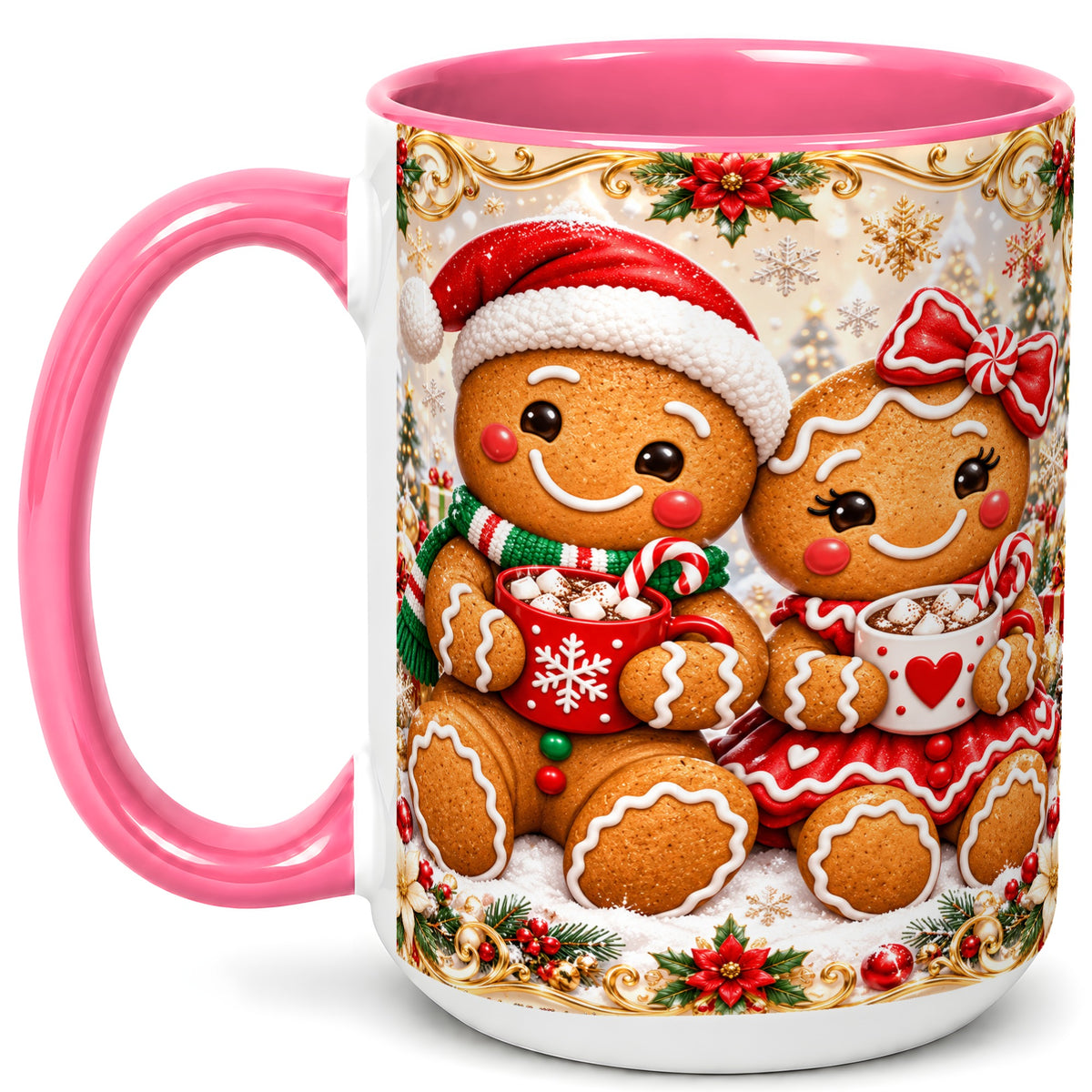 #pl[15oz|Pink] Gingerbread Couple Coffee Mug, Christmas Cookie Mug, Ceramic Cup