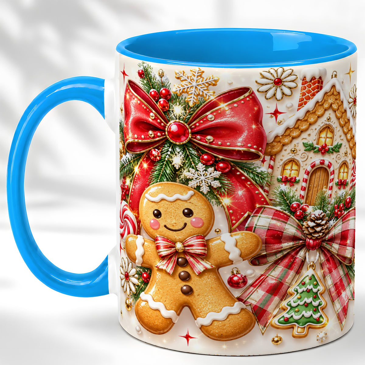 #pl[11oz|Blue] Gingerbread House Coffee Mug, Holiday Cookie Mug, Ceramic Cup