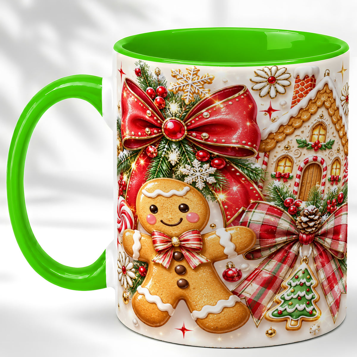 #pl[11oz|Green] Gingerbread House Coffee Mug, Holiday Cookie Mug, Ceramic Cup
