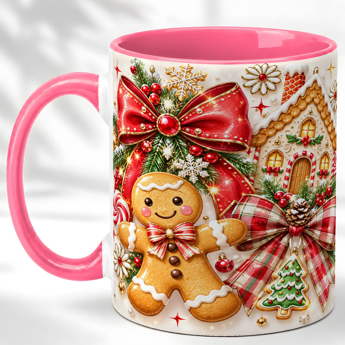 #pl[11oz|Pink] Gingerbread House Coffee Mug, Holiday Cookie Mug, Ceramic Cup