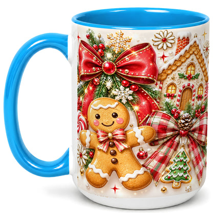 #pl[15oz|Blue] Gingerbread House Coffee Mug, Holiday Cookie Mug, Ceramic Cup