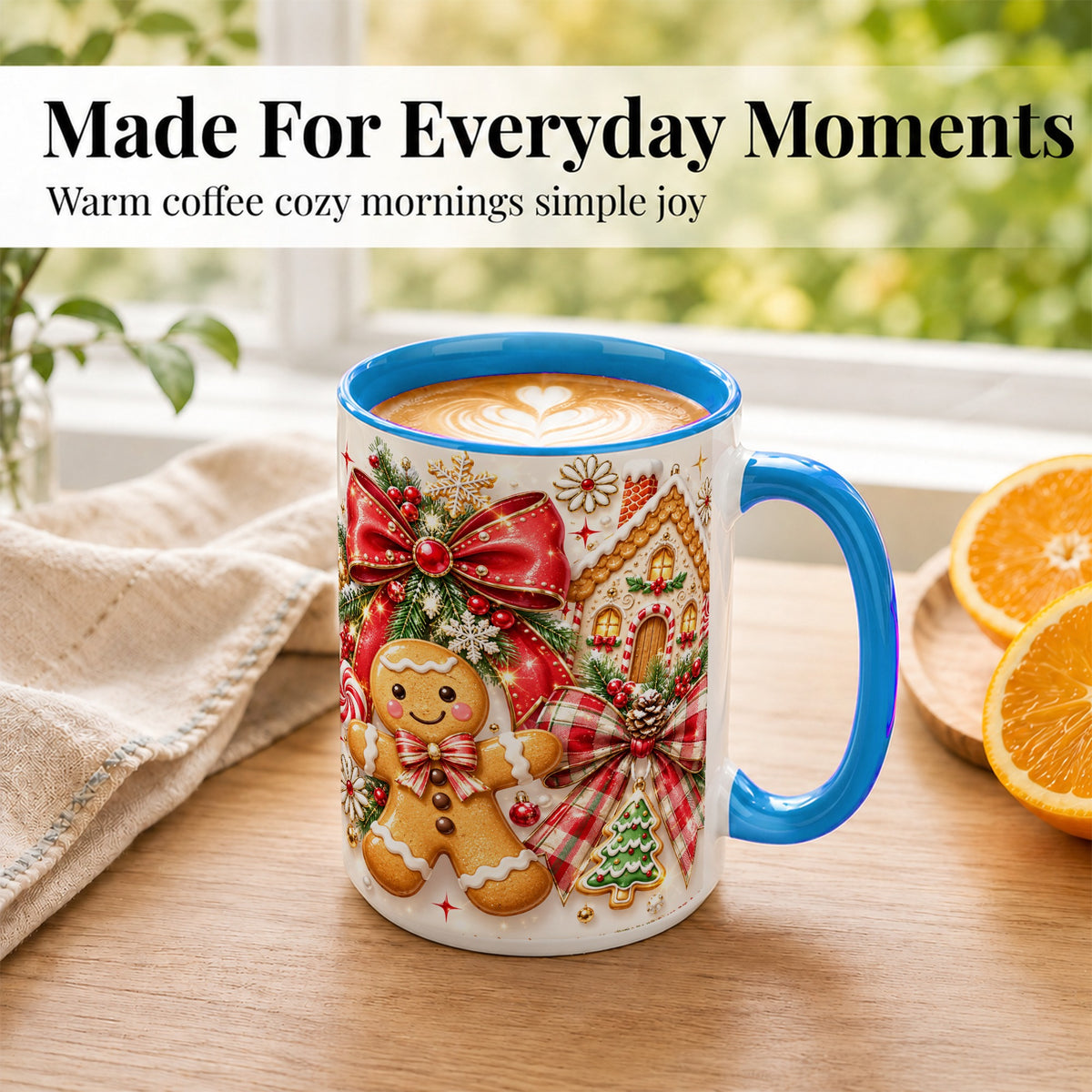 #pl[15oz|Blue] Gingerbread House Coffee Mug, Holiday Cookie Mug, Ceramic Cup
