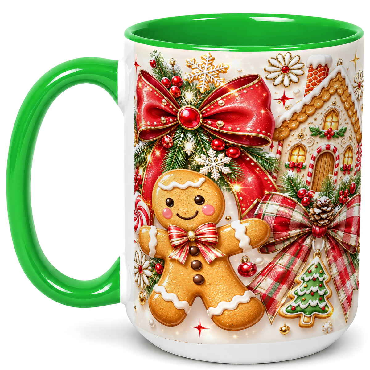 #pl[15oz|Green] Gingerbread House Coffee Mug, Holiday Cookie Mug, Ceramic Cup
