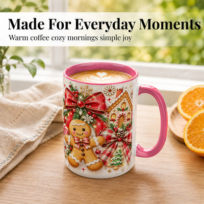 #pl[15oz|Pink] Gingerbread House Coffee Mug, Holiday Cookie Mug, Ceramic Cup