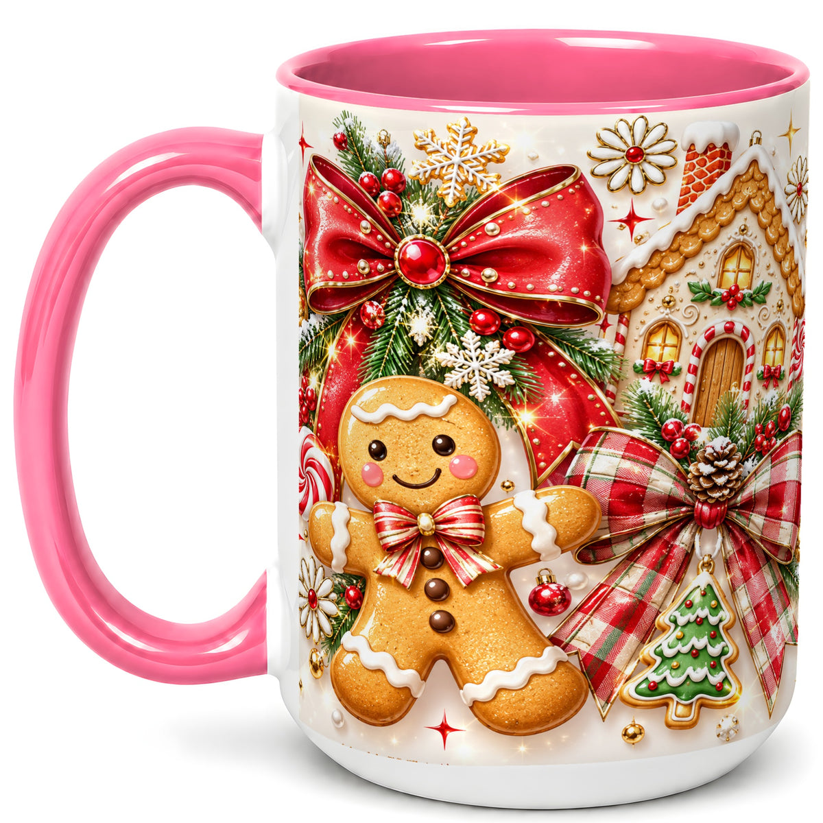 #pl[15oz|Pink] Gingerbread House Coffee Mug, Holiday Cookie Mug, Ceramic Cup