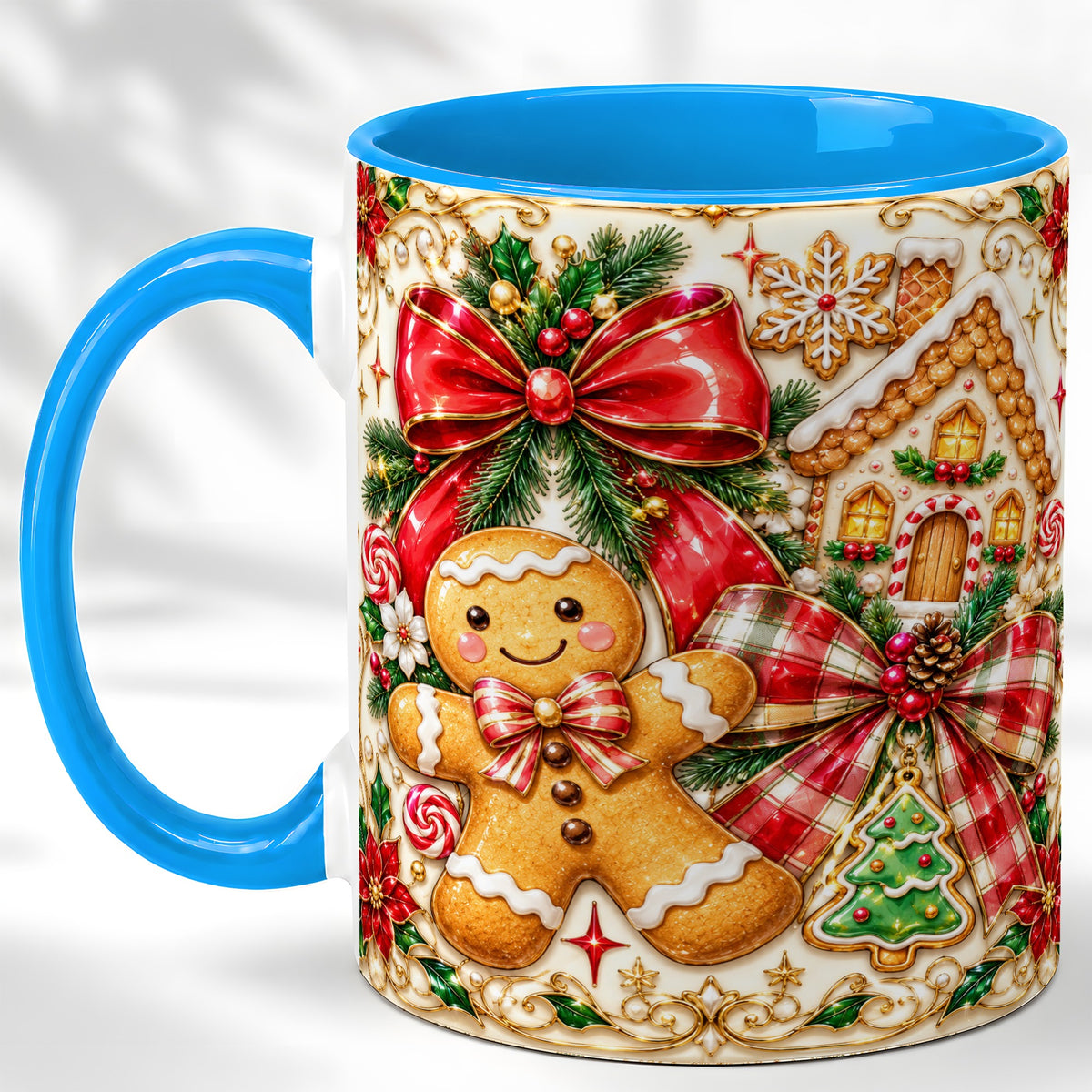 #pl[11oz|Blue] Gingerbread Bow Coffee Mug, Christmas Cookie Mug, Ceramic Cup