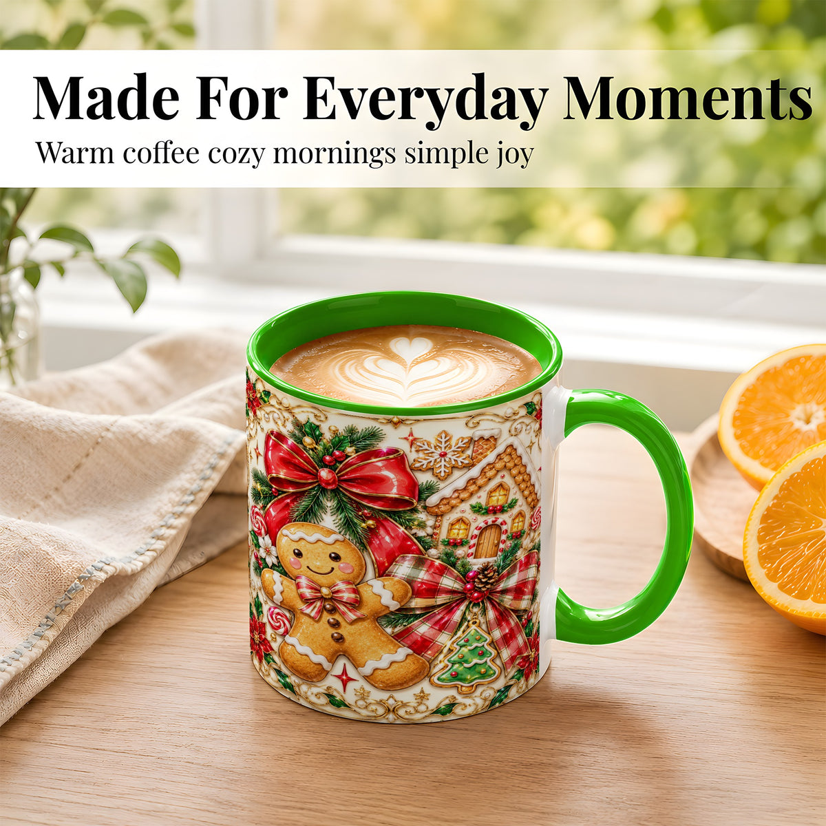 #pl[11oz|Green] Gingerbread Bow Coffee Mug, Christmas Cookie Mug, Ceramic Cup