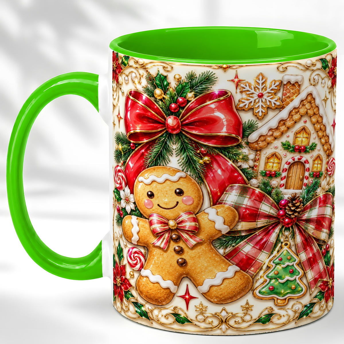 #pl[11oz|Green] Gingerbread Bow Coffee Mug, Christmas Cookie Mug, Ceramic Cup