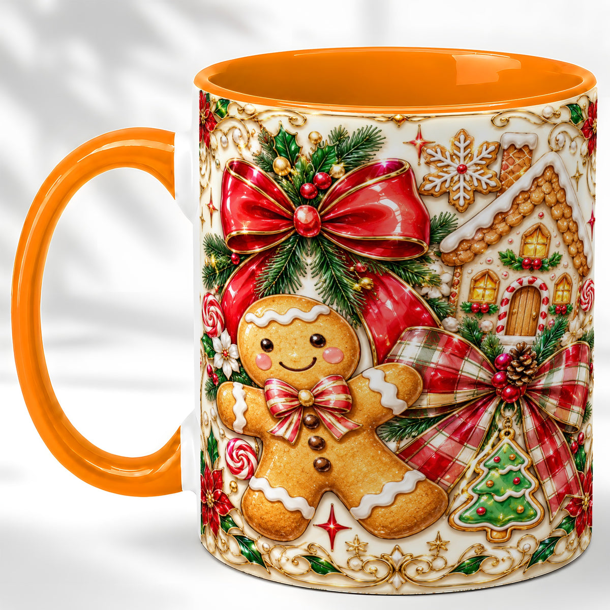 #pl[11oz|Orange] Gingerbread Bow Coffee Mug, Christmas Cookie Mug, Ceramic Cup