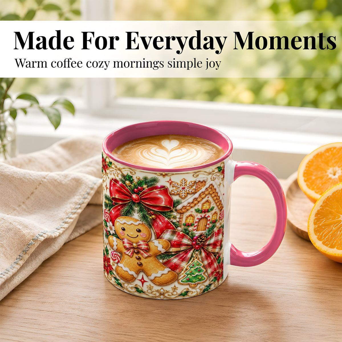 #pl[11oz|Pink] Gingerbread Bow Coffee Mug, Christmas Cookie Mug, Ceramic Cup