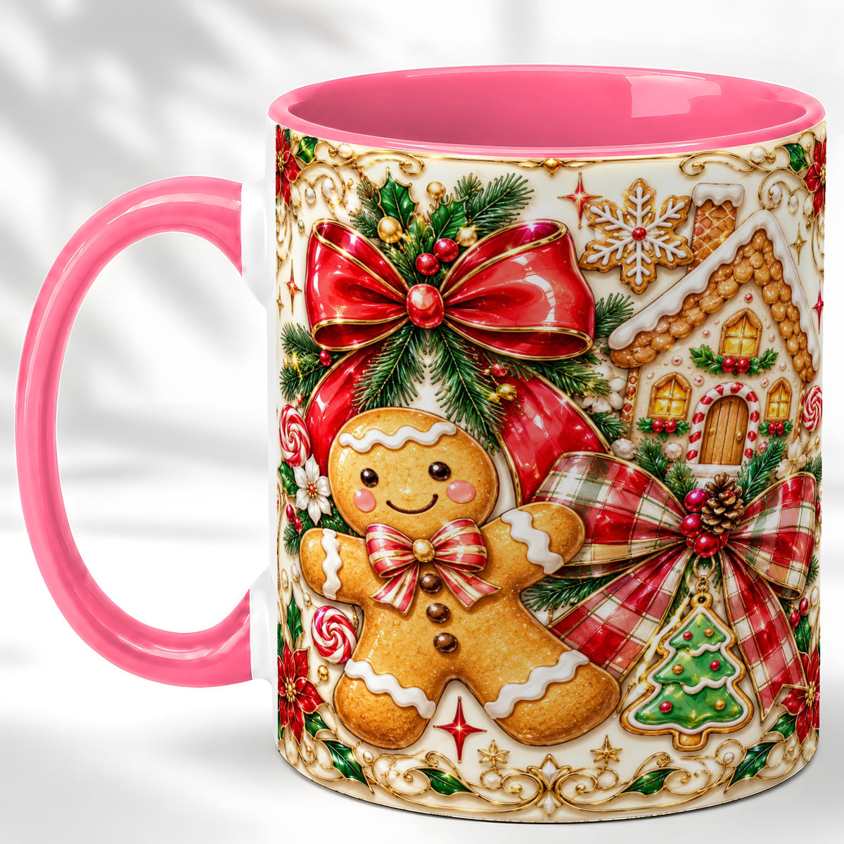 #pl[11oz|Pink] Gingerbread Bow Coffee Mug, Christmas Cookie Mug, Ceramic Cup