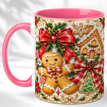 #pl[11oz|Pink] Gingerbread Bow Coffee Mug, Christmas Cookie Mug, Ceramic Cup