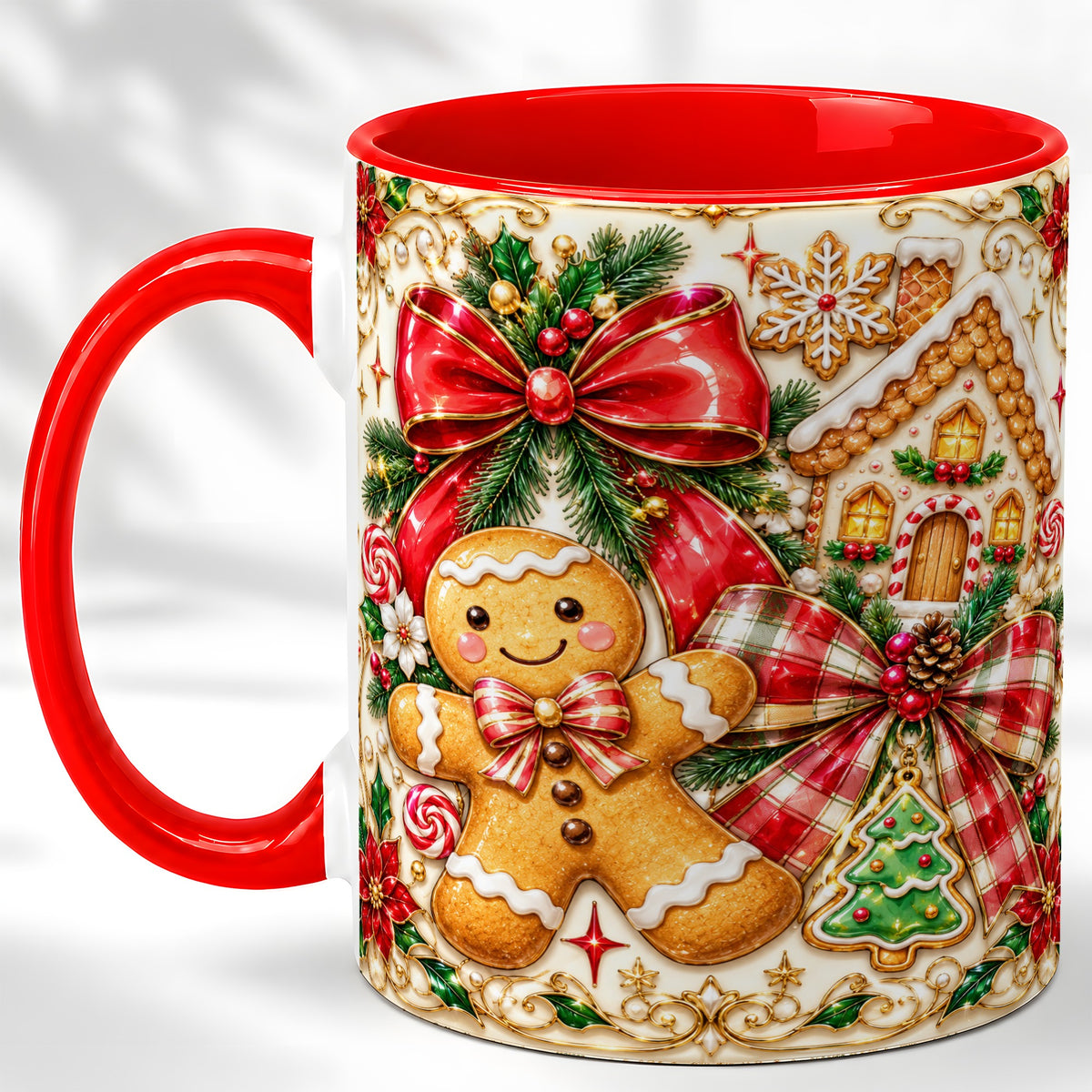 Gingerbread Bow Coffee Mug, Christmas Cookie Mug, Ceramic Cup