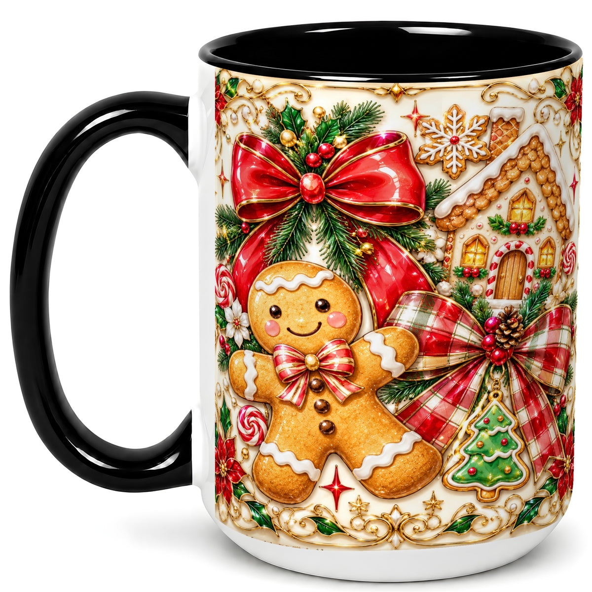 #pl[15oz|Black] Gingerbread Bow Coffee Mug, Christmas Cookie Mug, Ceramic Cup