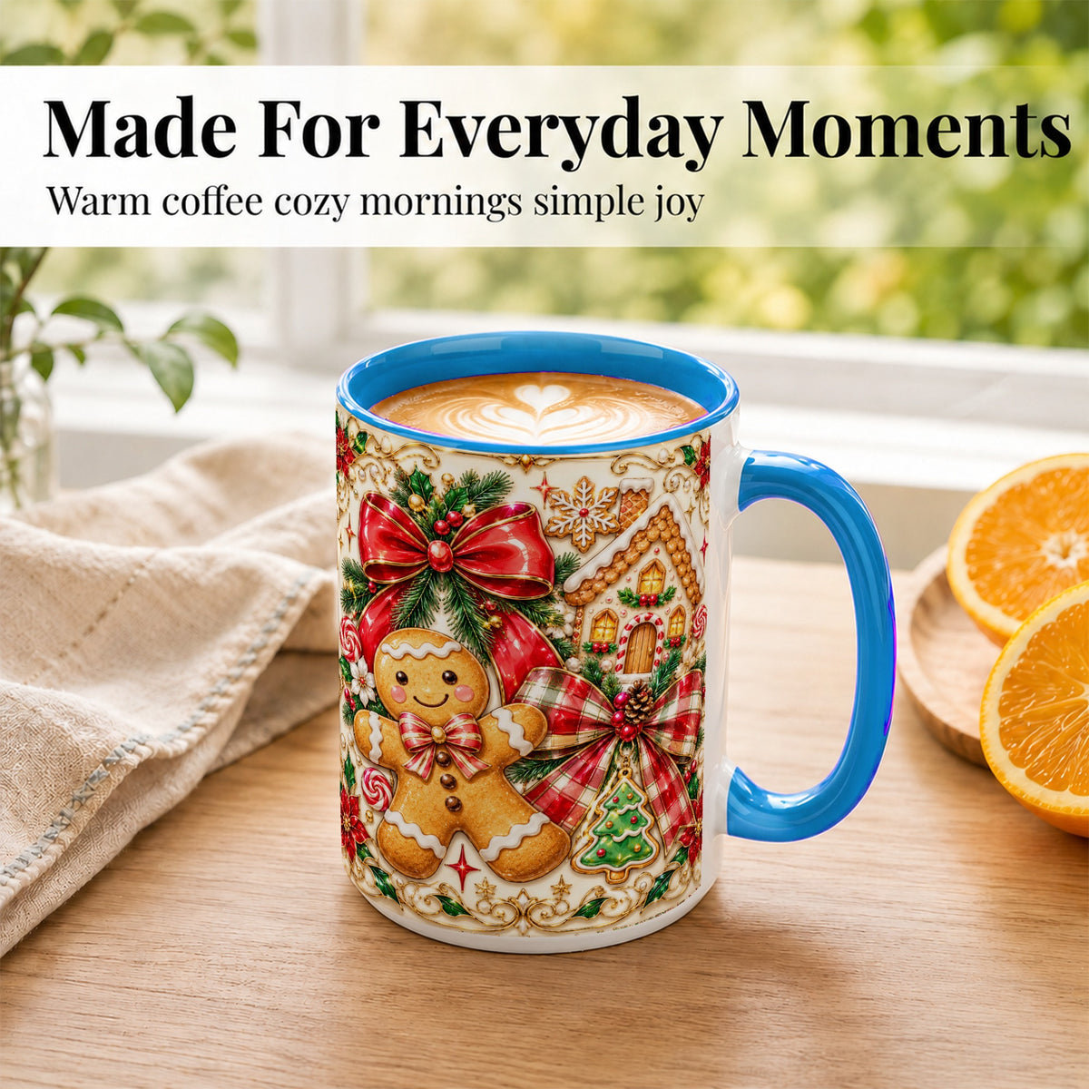 #pl[15oz|Blue] Gingerbread Bow Coffee Mug, Christmas Cookie Mug, Ceramic Cup