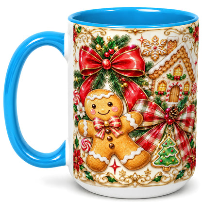 #pl[15oz|Blue] Gingerbread Bow Coffee Mug, Christmas Cookie Mug, Ceramic Cup