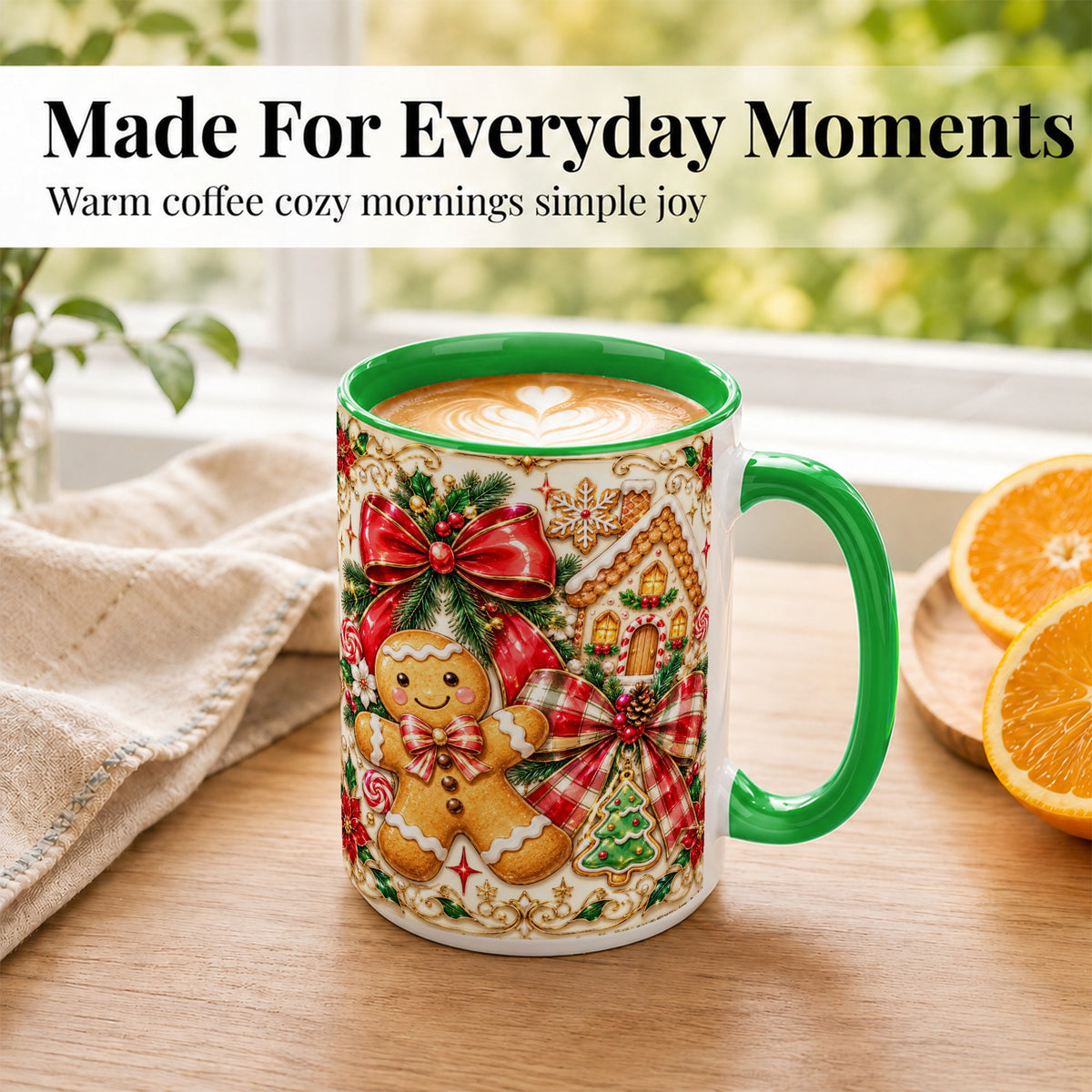 #pl[15oz|Green] Gingerbread Bow Coffee Mug, Christmas Cookie Mug, Ceramic Cup