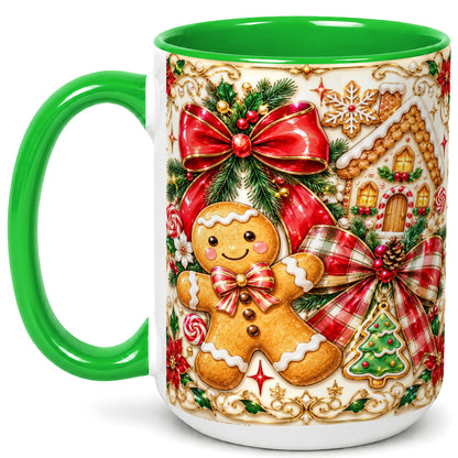 #pl[15oz|Green] Gingerbread Bow Coffee Mug, Christmas Cookie Mug, Ceramic Cup