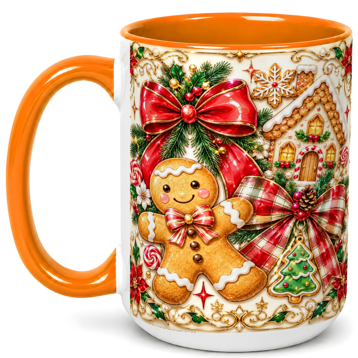 #pl[15oz|Orange] Gingerbread Bow Coffee Mug, Christmas Cookie Mug, Ceramic Cup