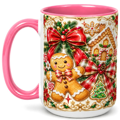 #pl[15oz|Pink] Gingerbread Bow Coffee Mug, Christmas Cookie Mug, Ceramic Cup