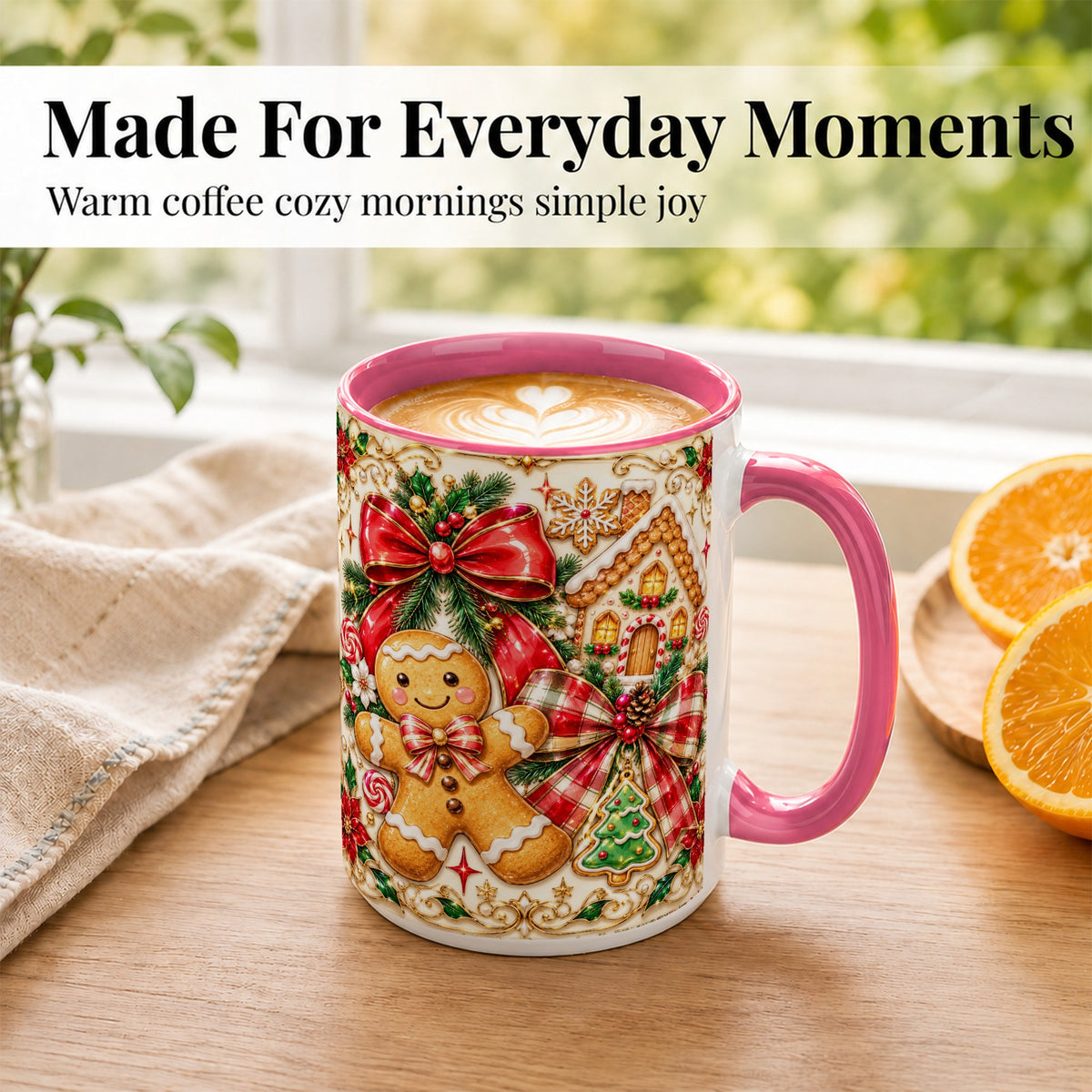 #pl[15oz|Pink] Gingerbread Bow Coffee Mug, Christmas Cookie Mug, Ceramic Cup