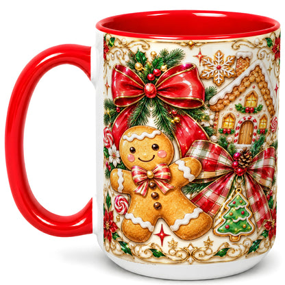 #pl[15oz|Red] Gingerbread Bow Coffee Mug, Christmas Cookie Mug, Ceramic Cup